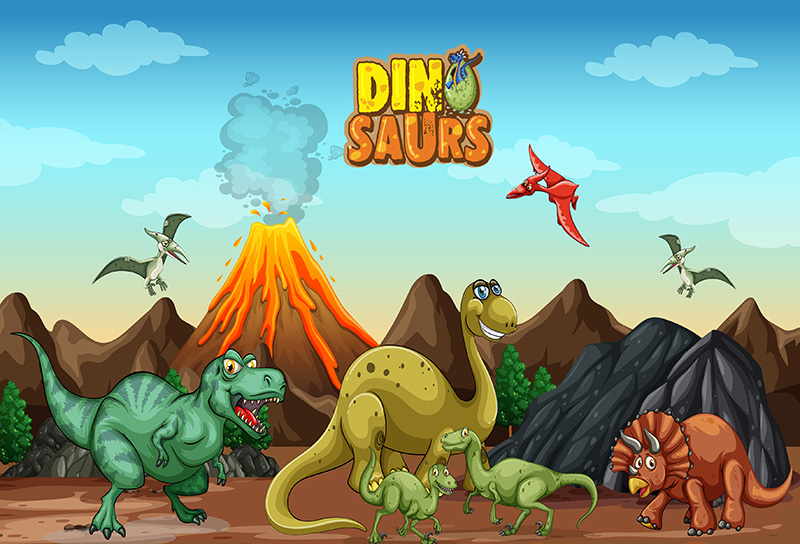 Foto tapeta Dinosaurusi u podnožju vulkana na zidu